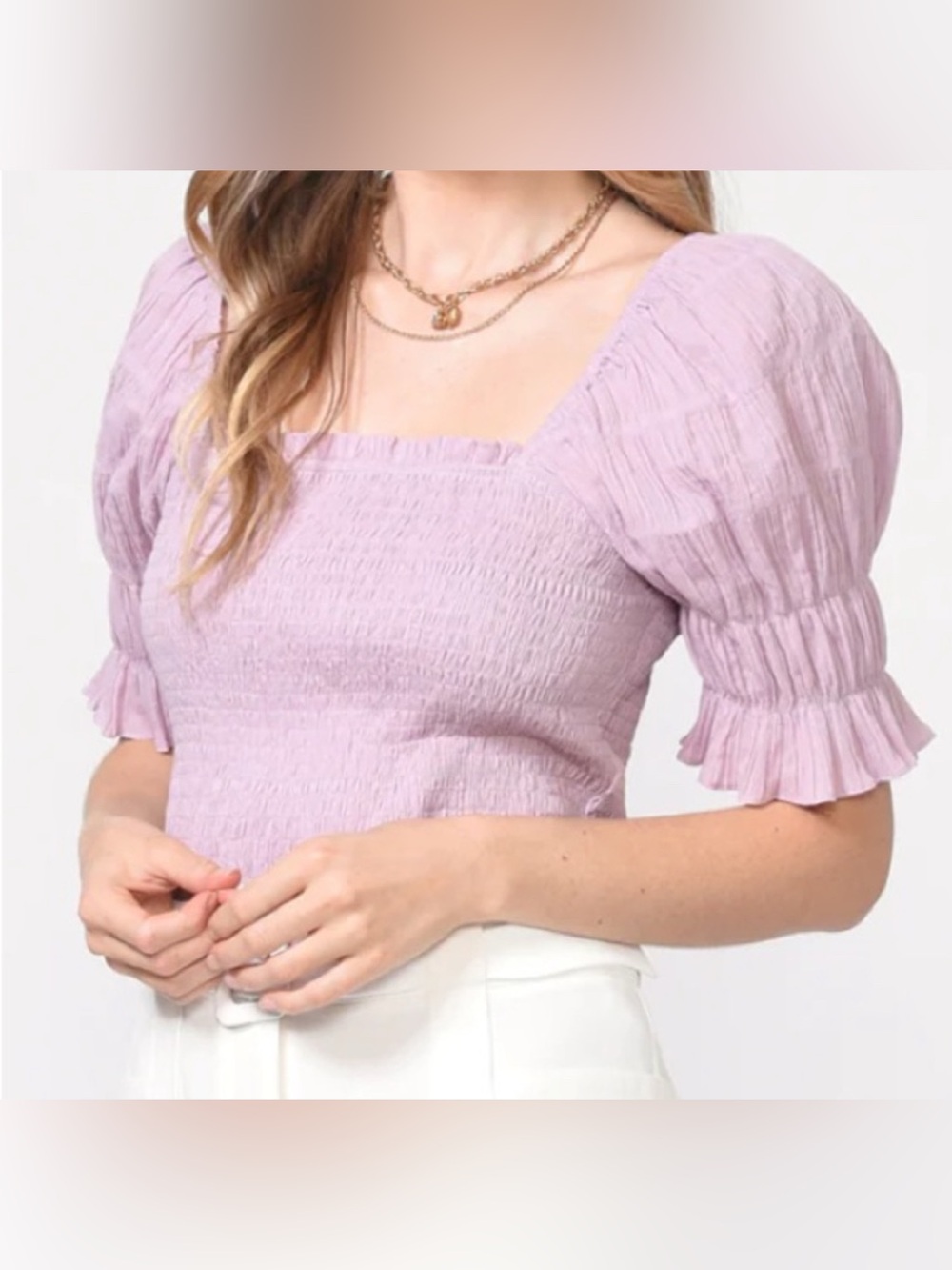 Adelyn Rae Hana Purple Smocked Cottagecore Lilac Purple Stretch Top, Sz M, NWT